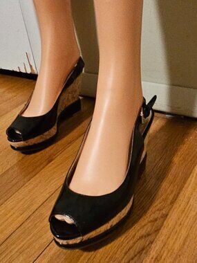 Steve Madden Black Slingback Peep Toe Cork Wedge Pumps Sz 38 fits 7